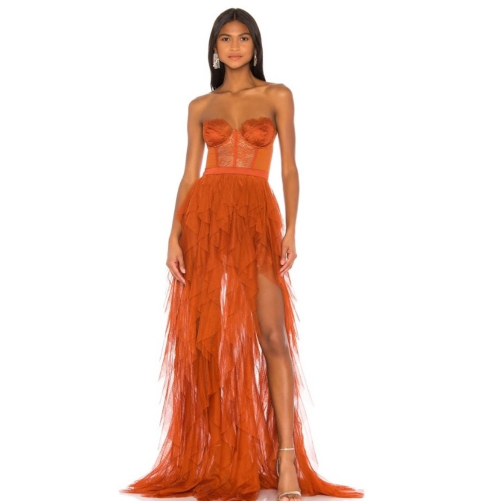 Strapless Rust Feather-Trim Evening Gown